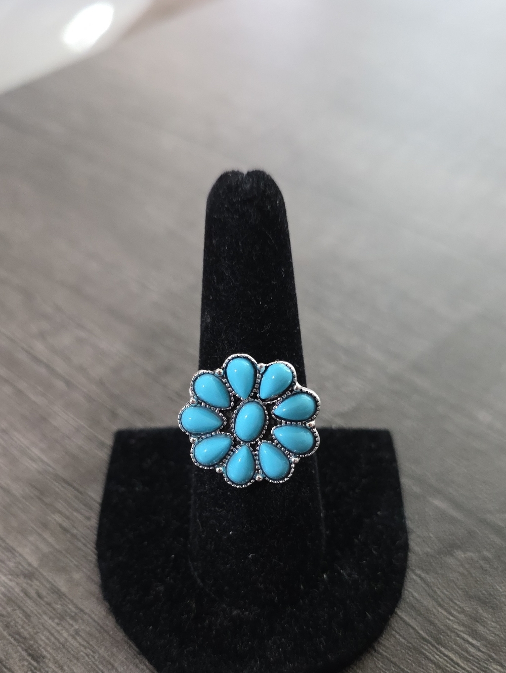 Turquoise Flower Ring in Blue & Silver Tone